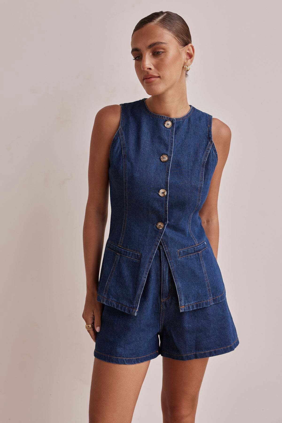 Tailored Denim Two-Piece Set