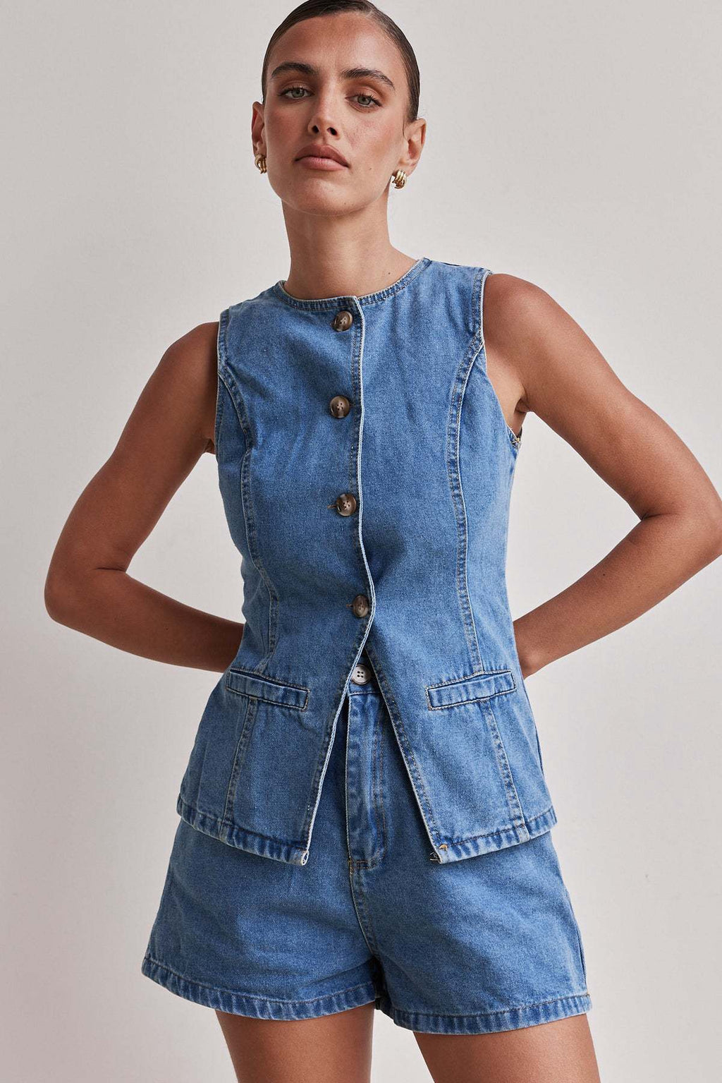 Tailored Denim Two-Piece Set