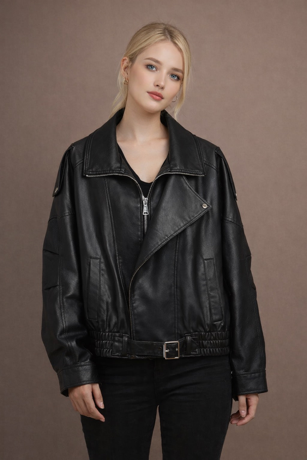 Oversized Black Faux Leather Jacket for Women