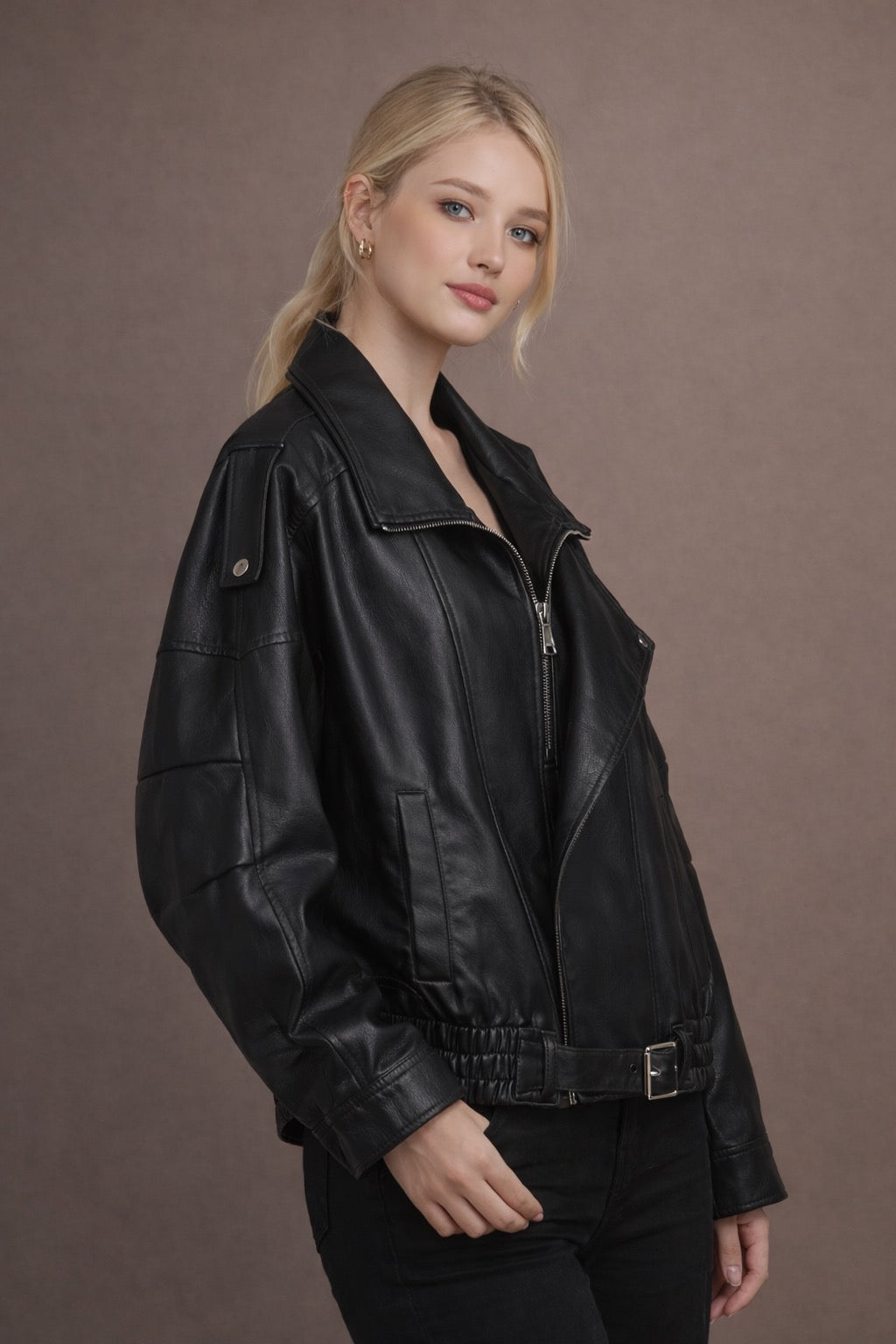 Oversized Black Faux Leather Jacket for Women