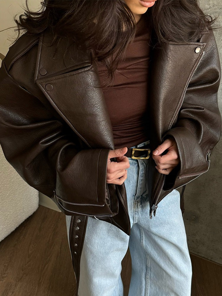 Cropped Brown Faux Leather Biker Jacket for Women