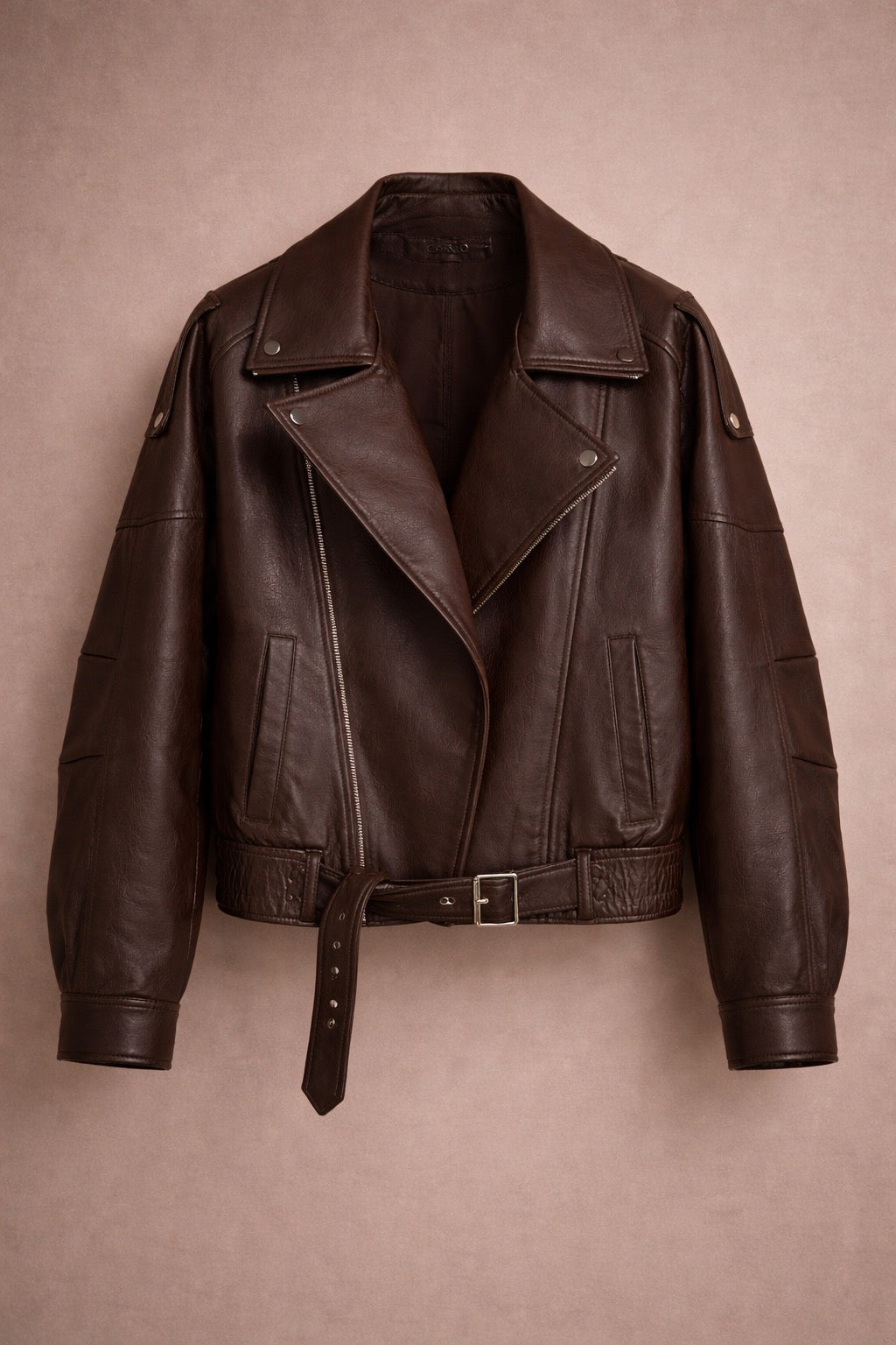 Cropped Brown Faux Leather Biker Jacket for Women