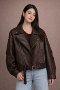Cropped Brown Faux Leather Biker Jacket for Women