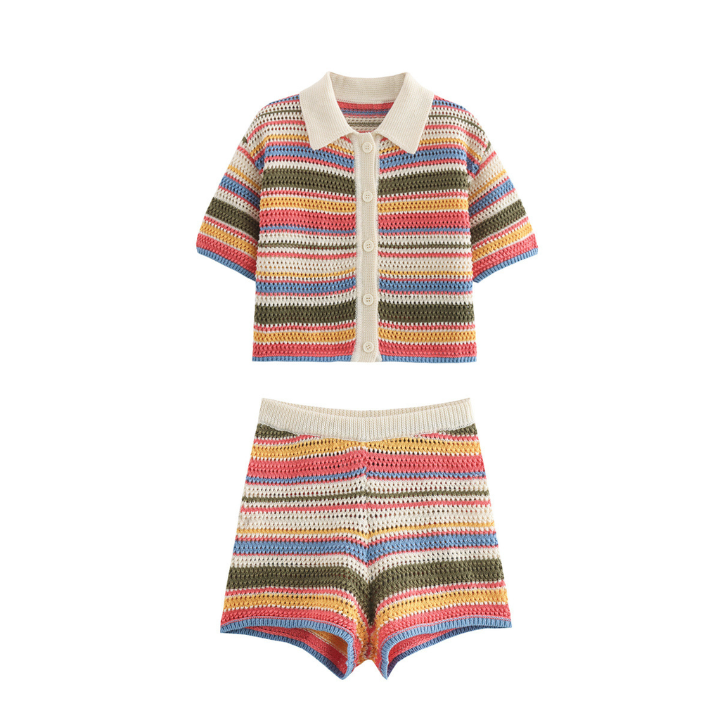 Stripe Knitted Co-Ord Set Short Sleeve Polo Top & Shorts