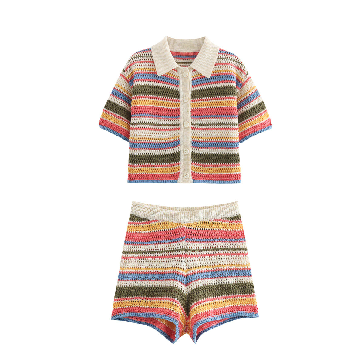 Stripe Knitted Co-Ord Set Short Sleeve Polo Top & Shorts
