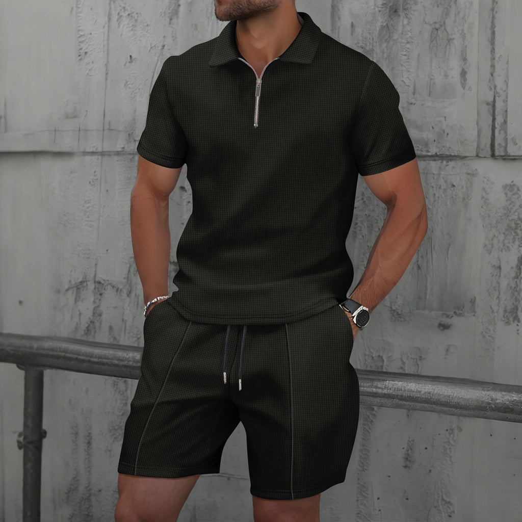 Men’s Textured Zip Polo Short Set