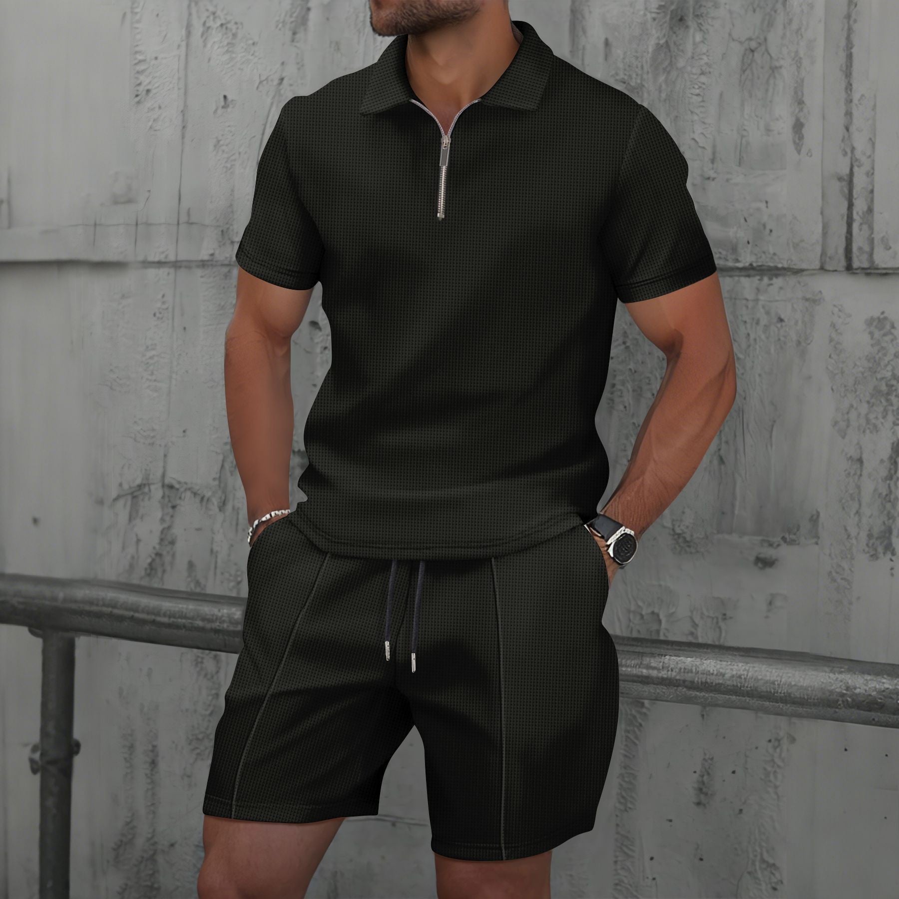 Men’s Textured Zip Polo Short Set