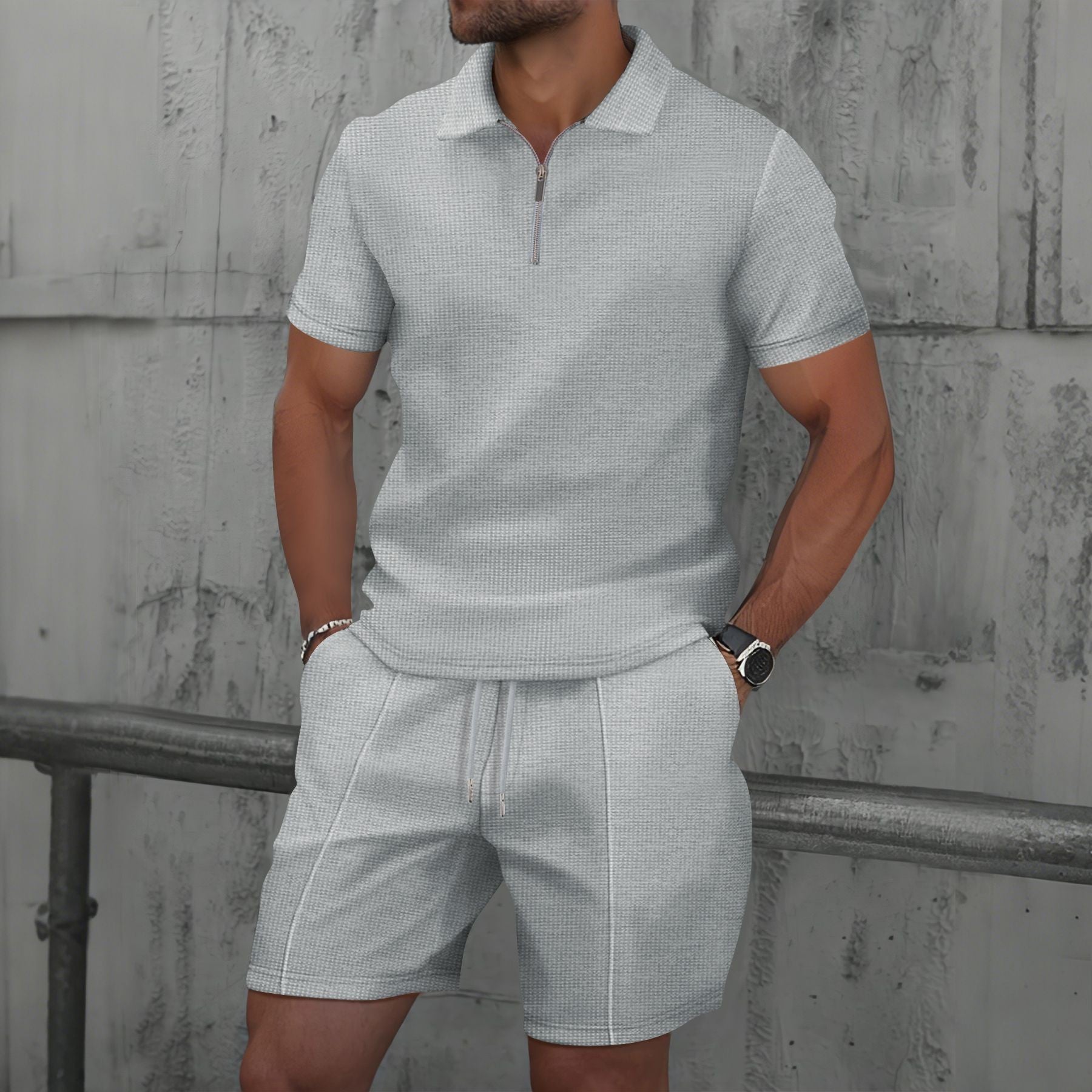 Men’s Textured Zip Polo Short Set