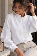 Women's White Ruffle Trim Button-Up Blouse