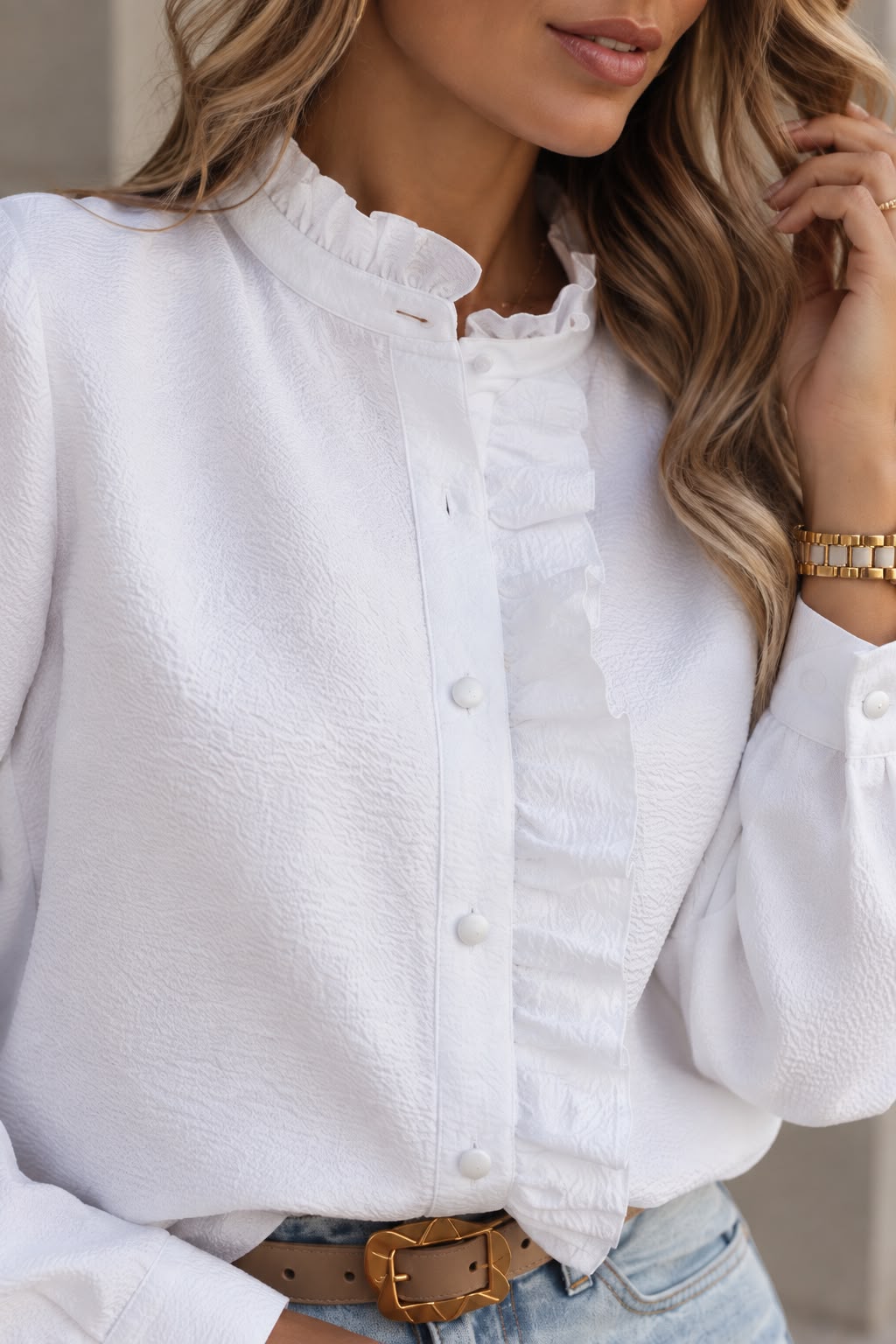 Women's White Ruffle Trim Button-Up Blouse