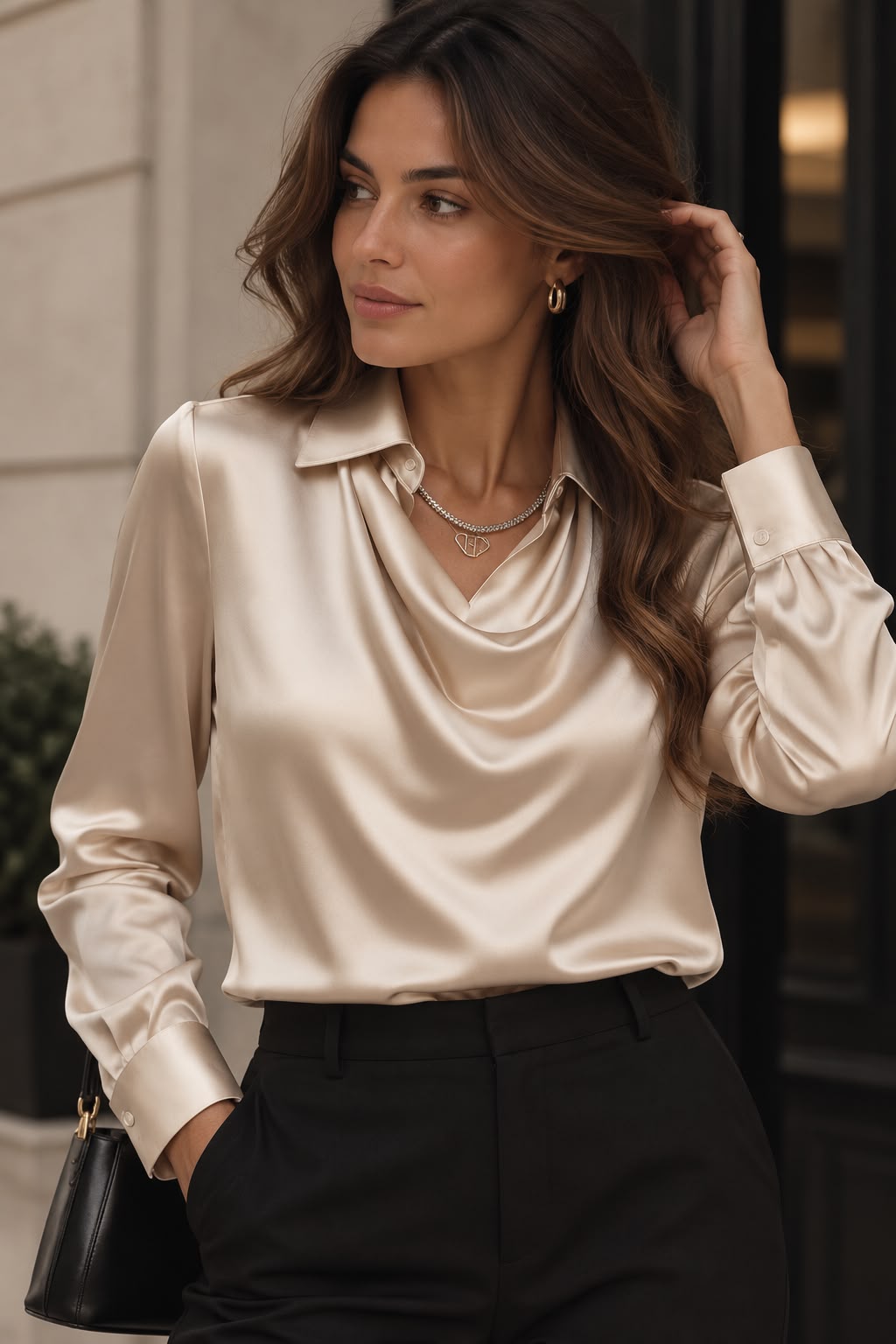 Women's Champagne Satin Cowl-Neck Blouse