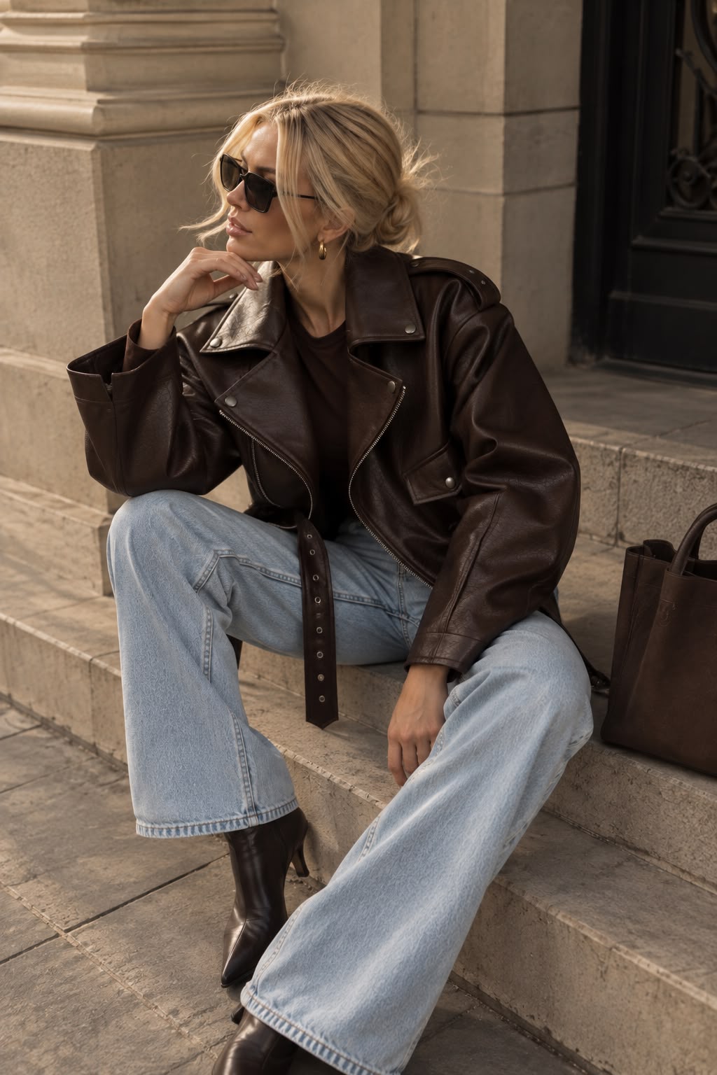 Women's Dark Brown Cropped Faux Leather Moto Jacket with Belt
