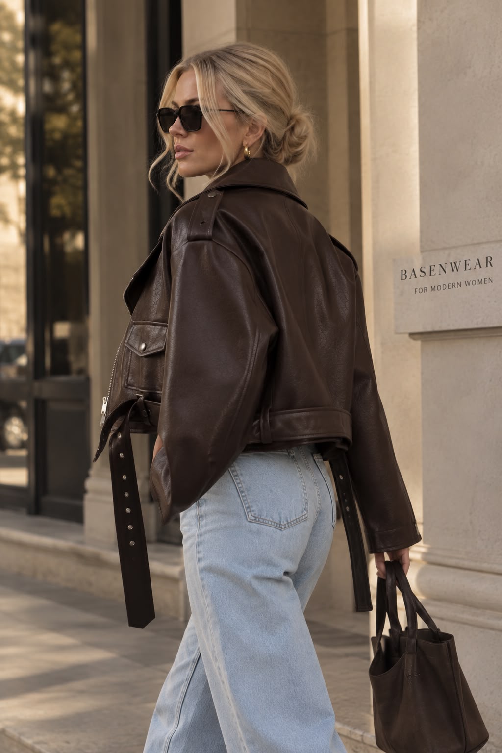 Women's Dark Brown Cropped Faux Leather Moto Jacket with Belt