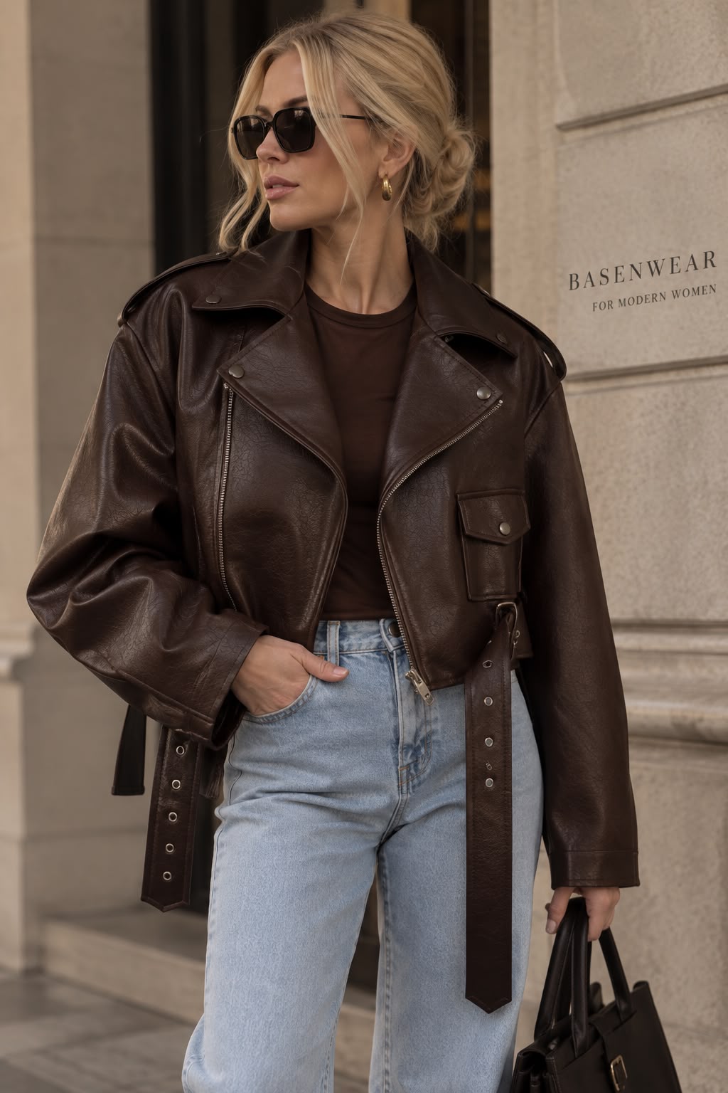 Women's Dark Brown Cropped Faux Leather Moto Jacket with Belt