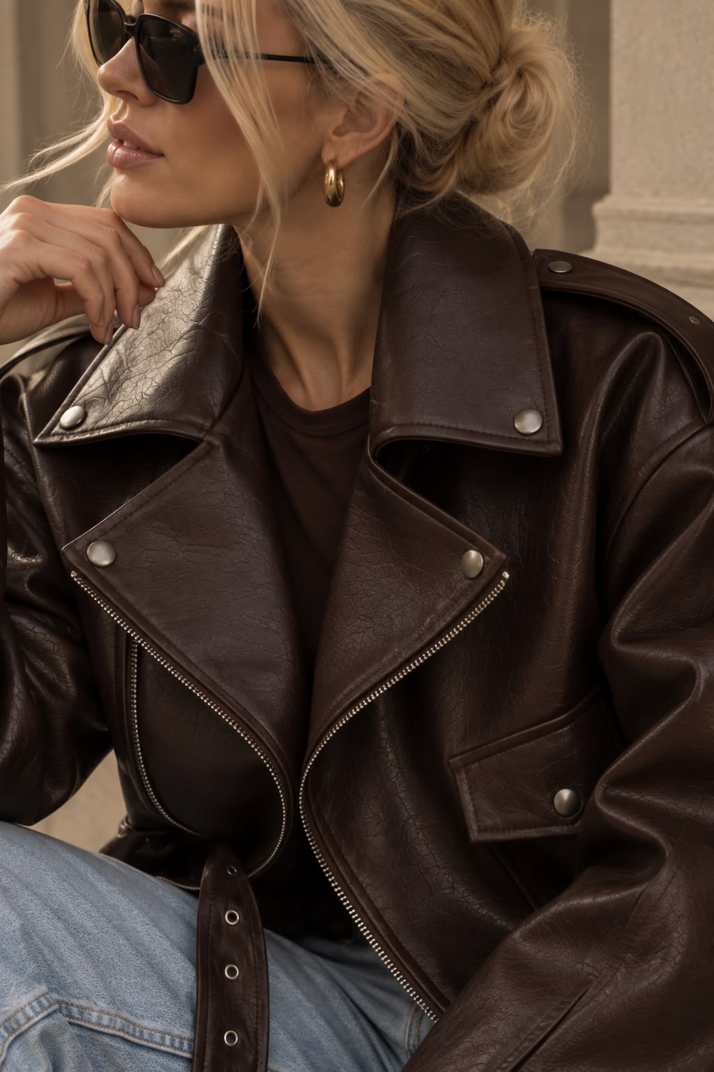Women's Dark Brown Cropped Faux Leather Moto Jacket with Belt