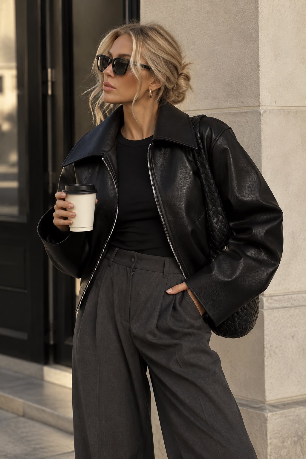 Women's Black Cropped Faux Leather Jacket with Wide Collar