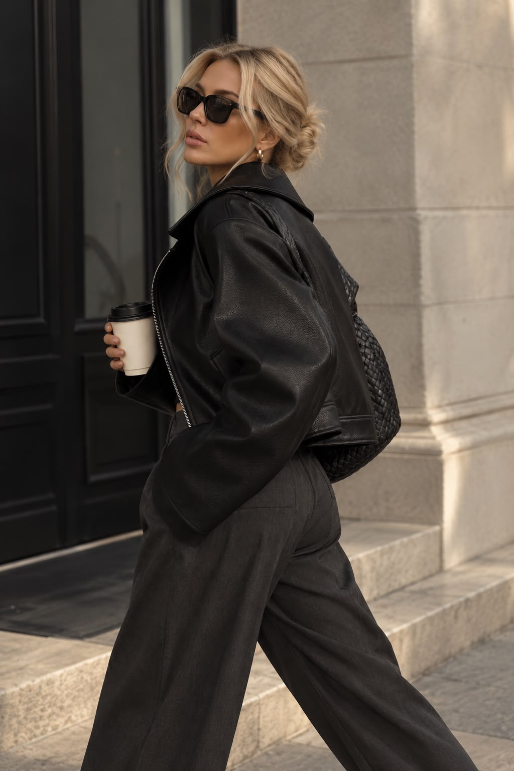 Women's Black Cropped Faux Leather Jacket with Wide Collar