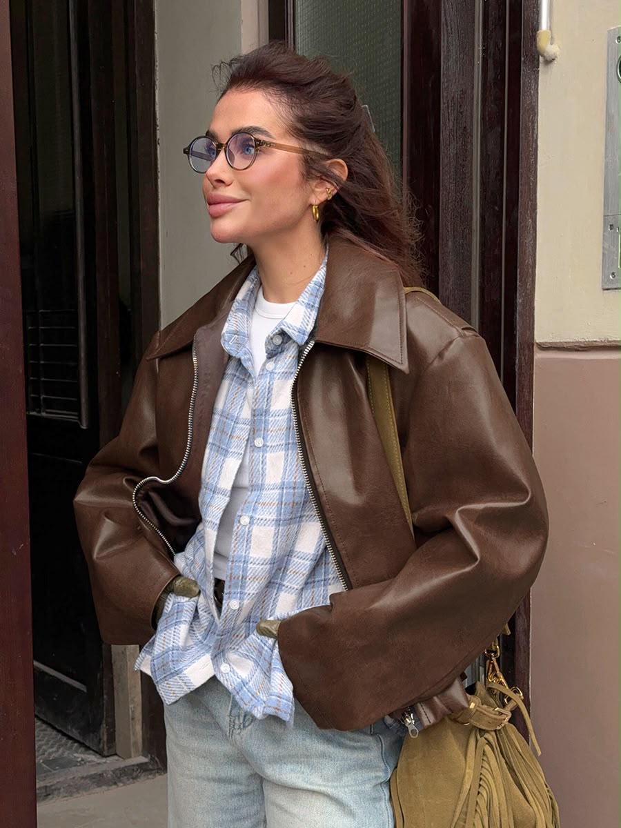 Women's Brown Cropped Faux Leather Jacket with Wide Collar