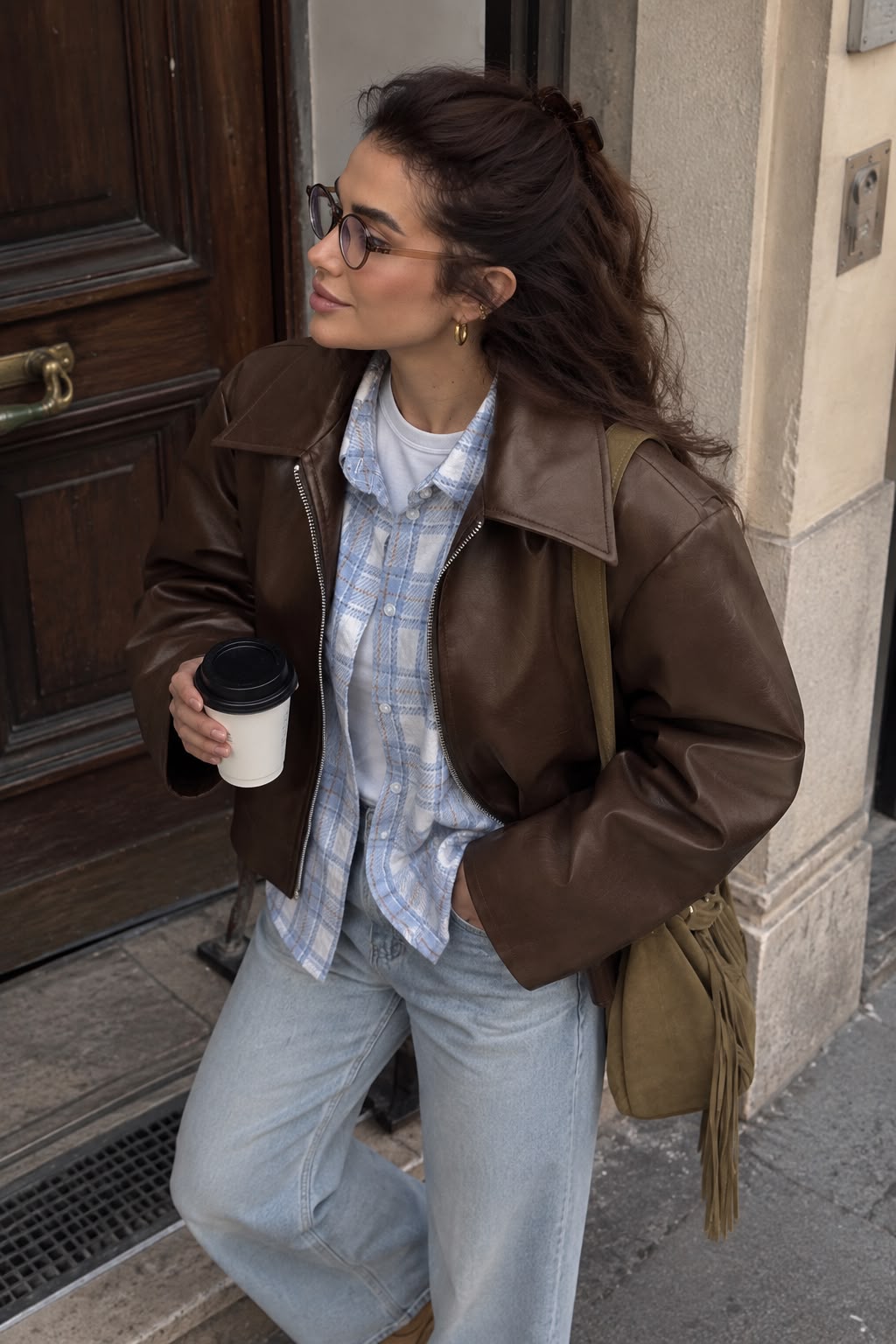 Women's Brown Cropped Faux Leather Jacket with Wide Collar