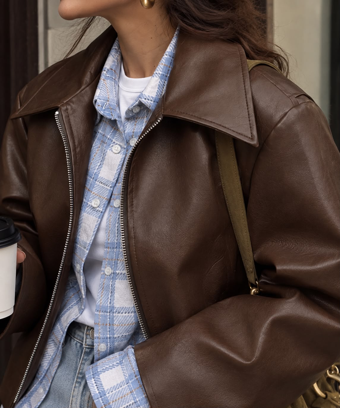 Women's Brown Cropped Faux Leather Jacket with Wide Collar