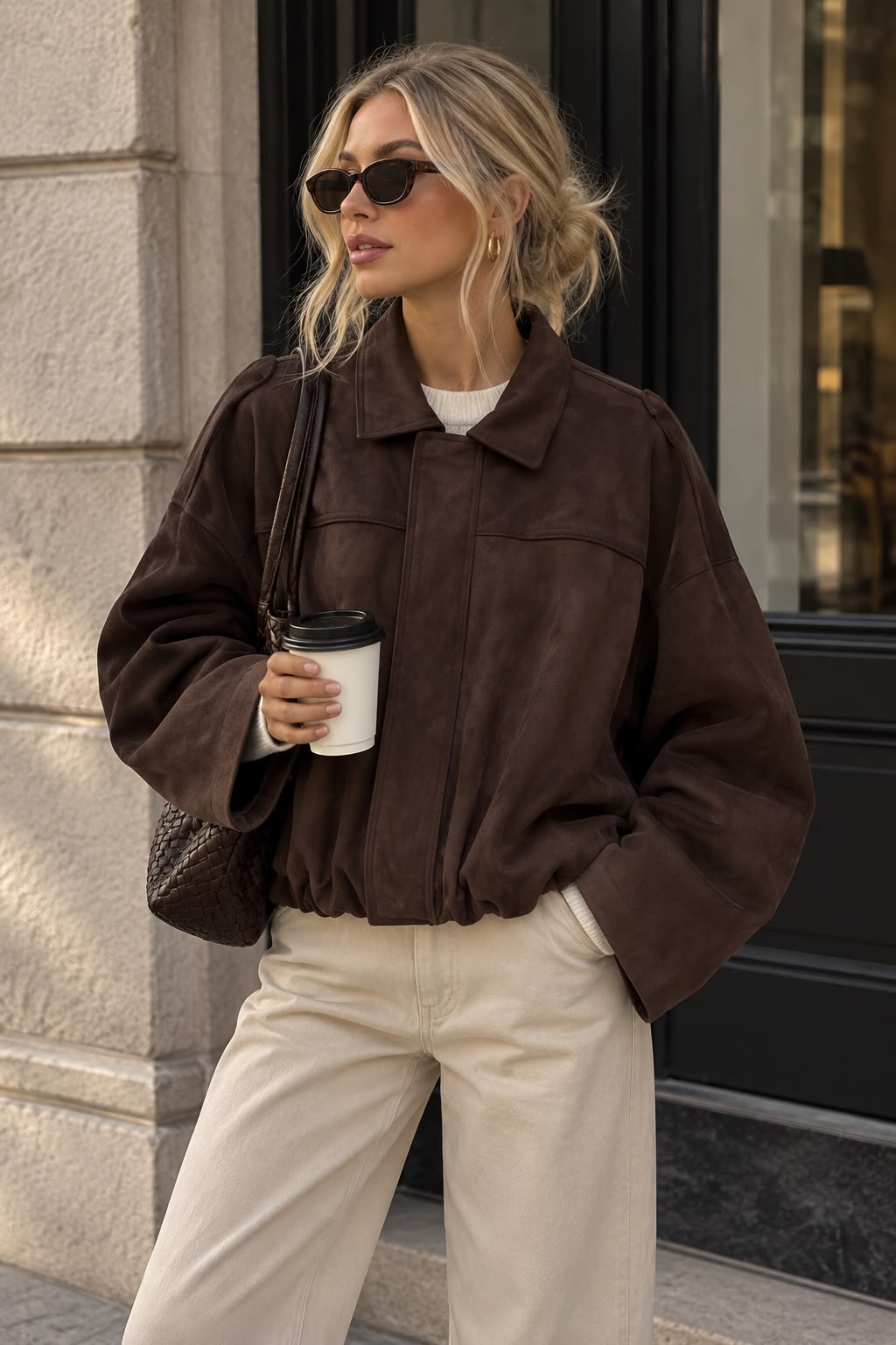 Women's Brown Faux Suede Cropped Jacket with Flip Collar