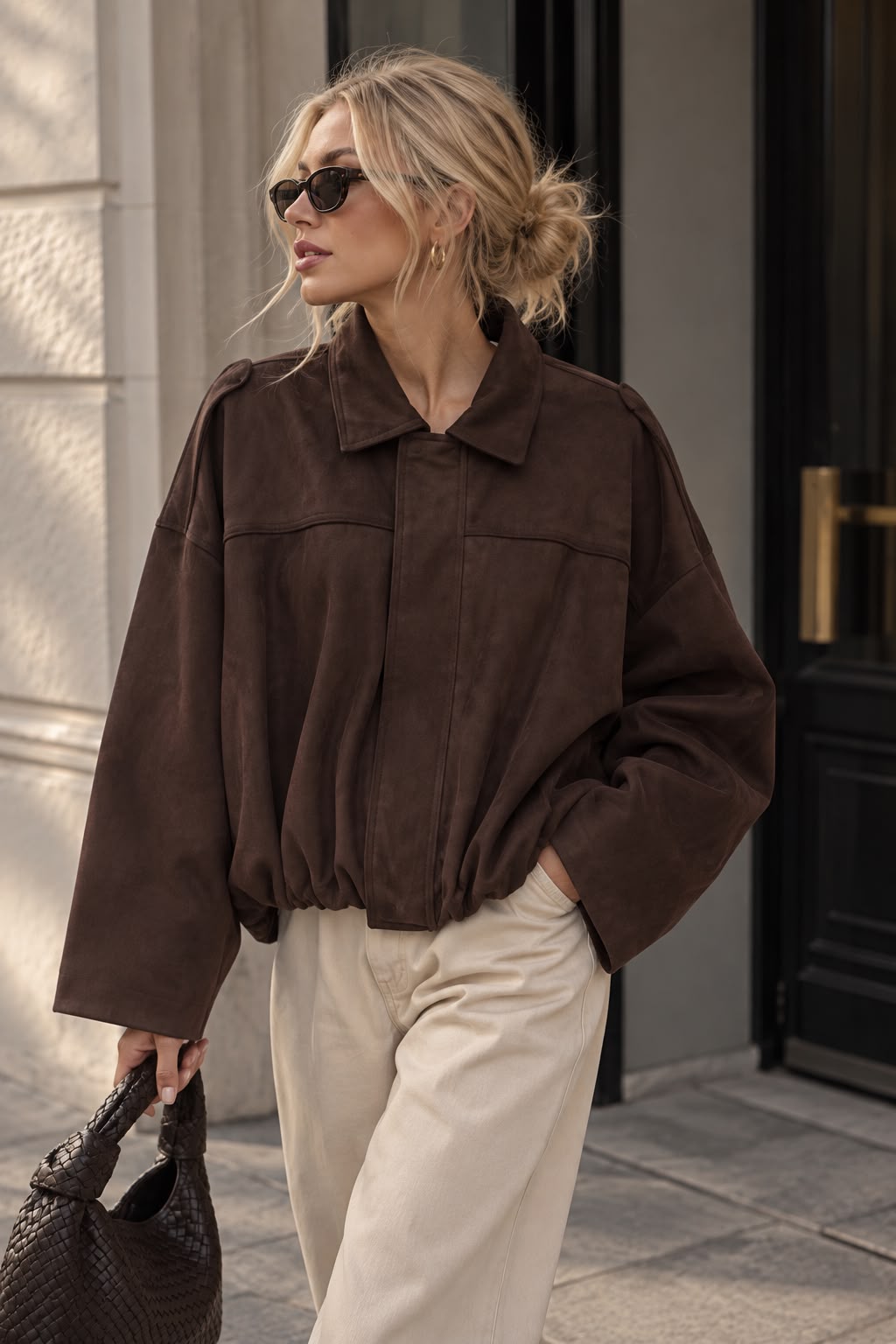 Women's Brown Faux Suede Cropped Jacket with Flip Collar