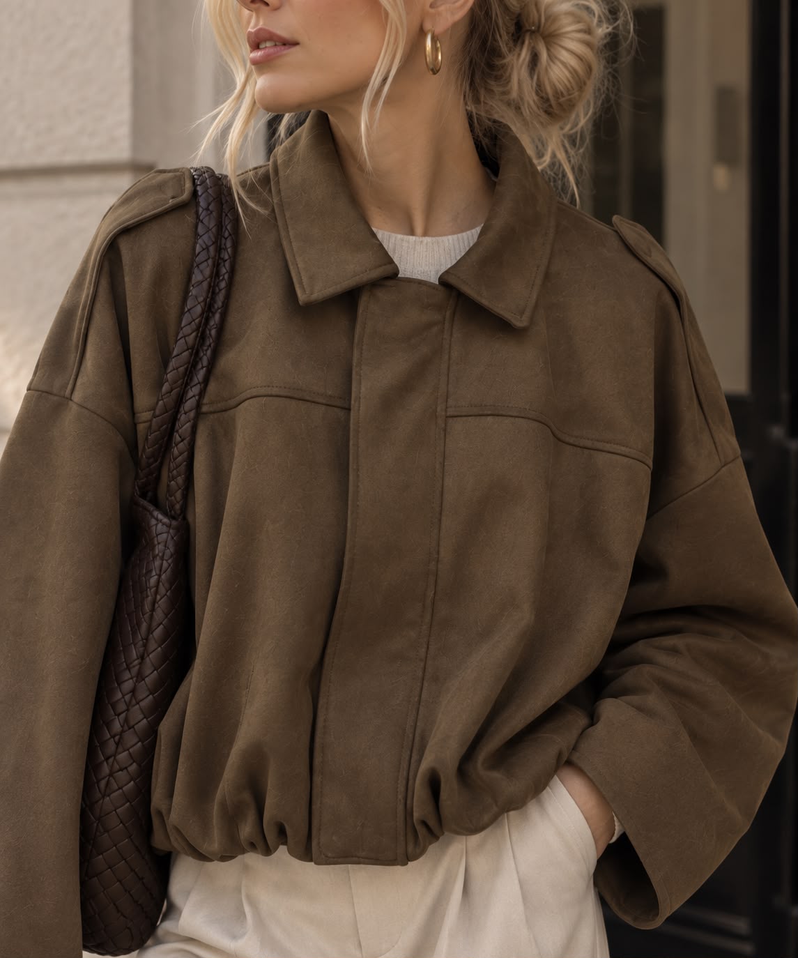 Women's Olive Green Faux Suede Cropped Jacket with Flip Collar
