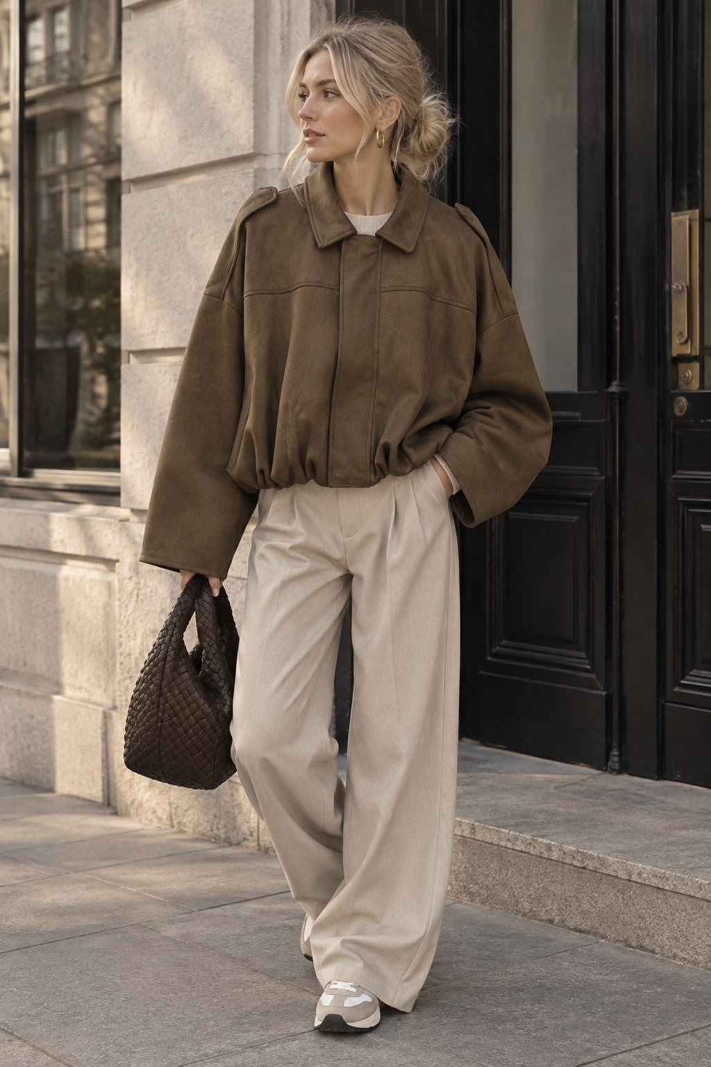 Women's Olive Green Faux Suede Cropped Jacket with Flip Collar