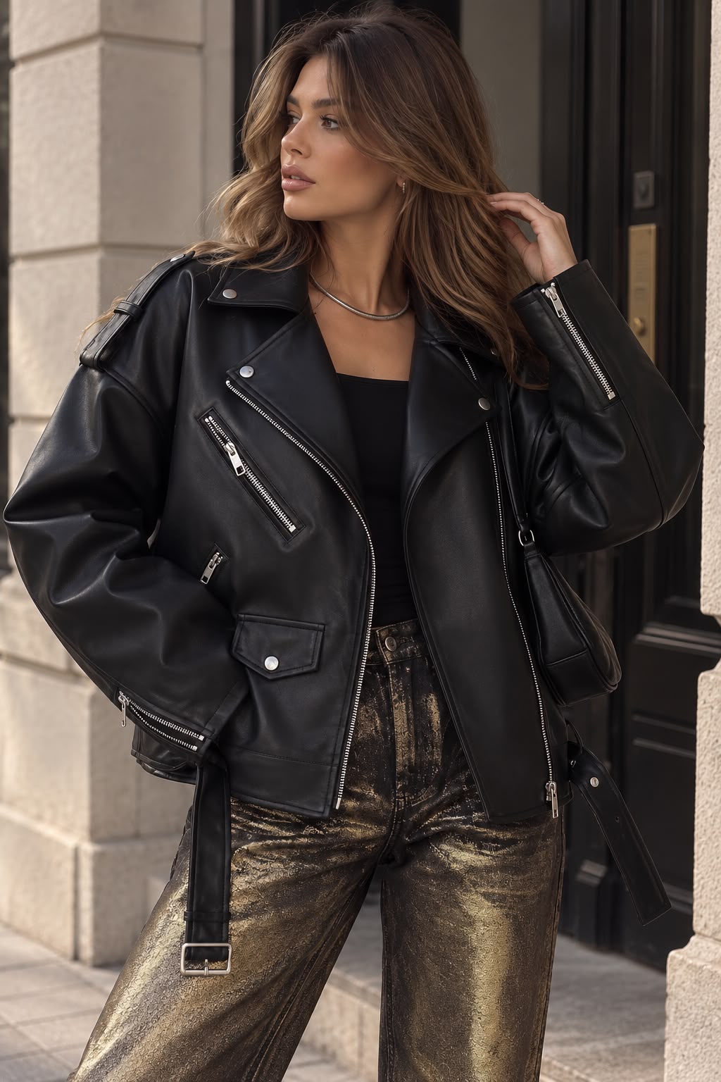 Women's Black Oversized Faux Leather Moto Jacket with Belt