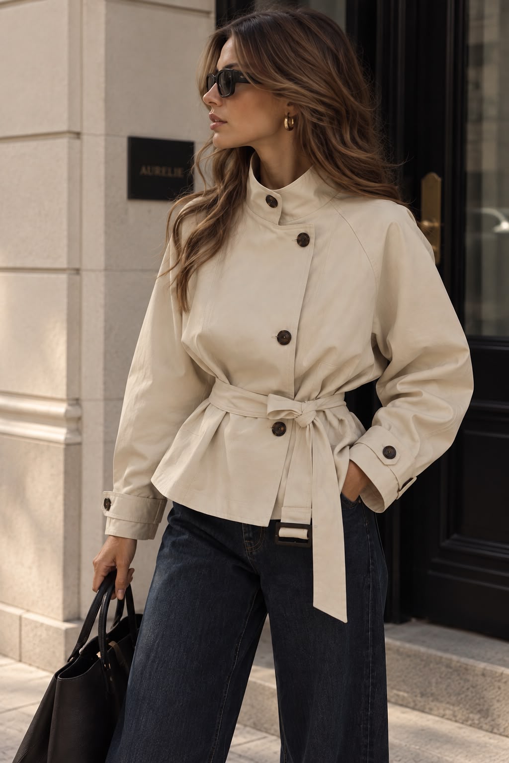 Women's Beige Short Belted Trench Coat with Stand Collar