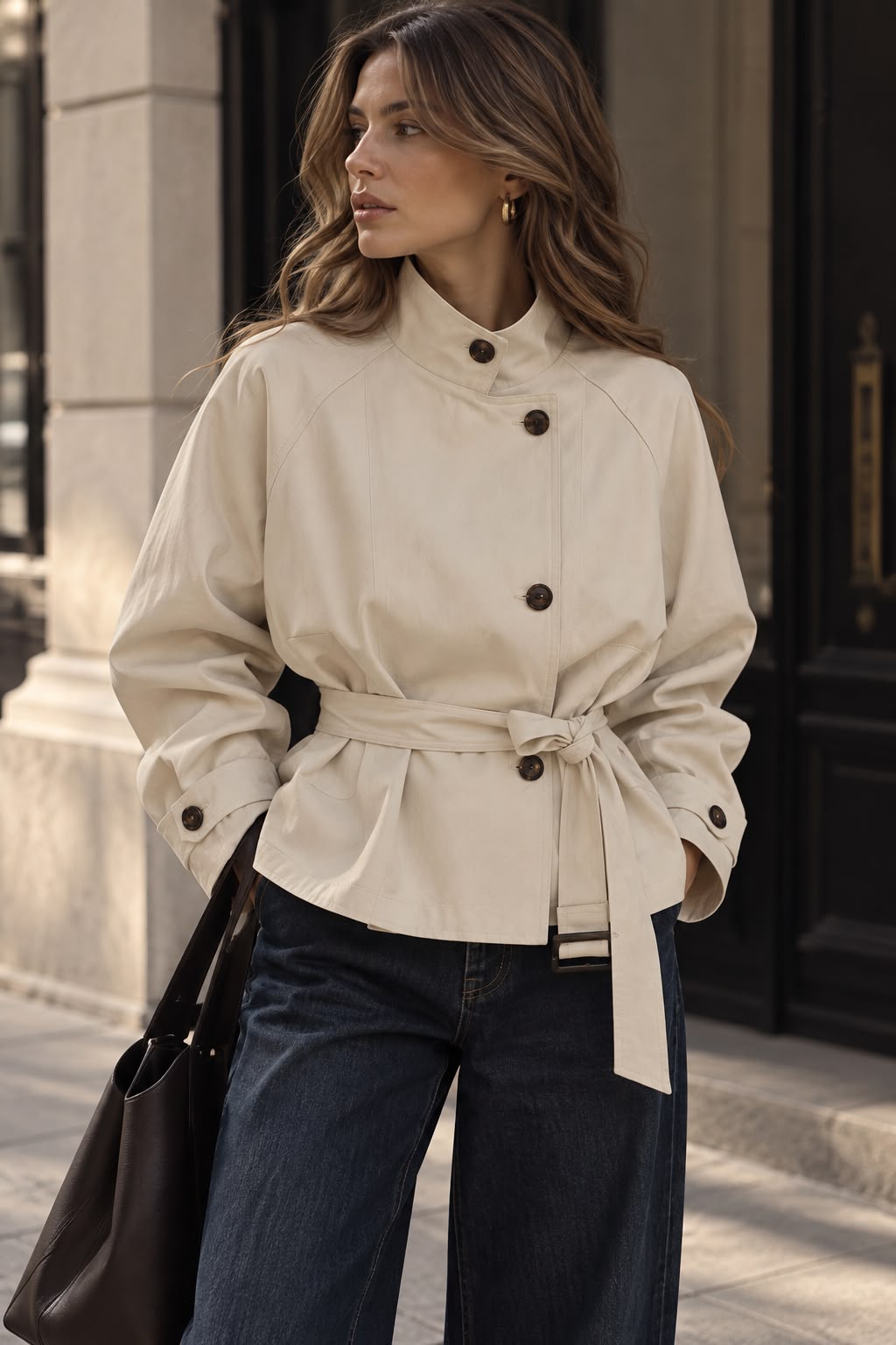 Women's Beige Short Belted Trench Coat with Stand Collar
