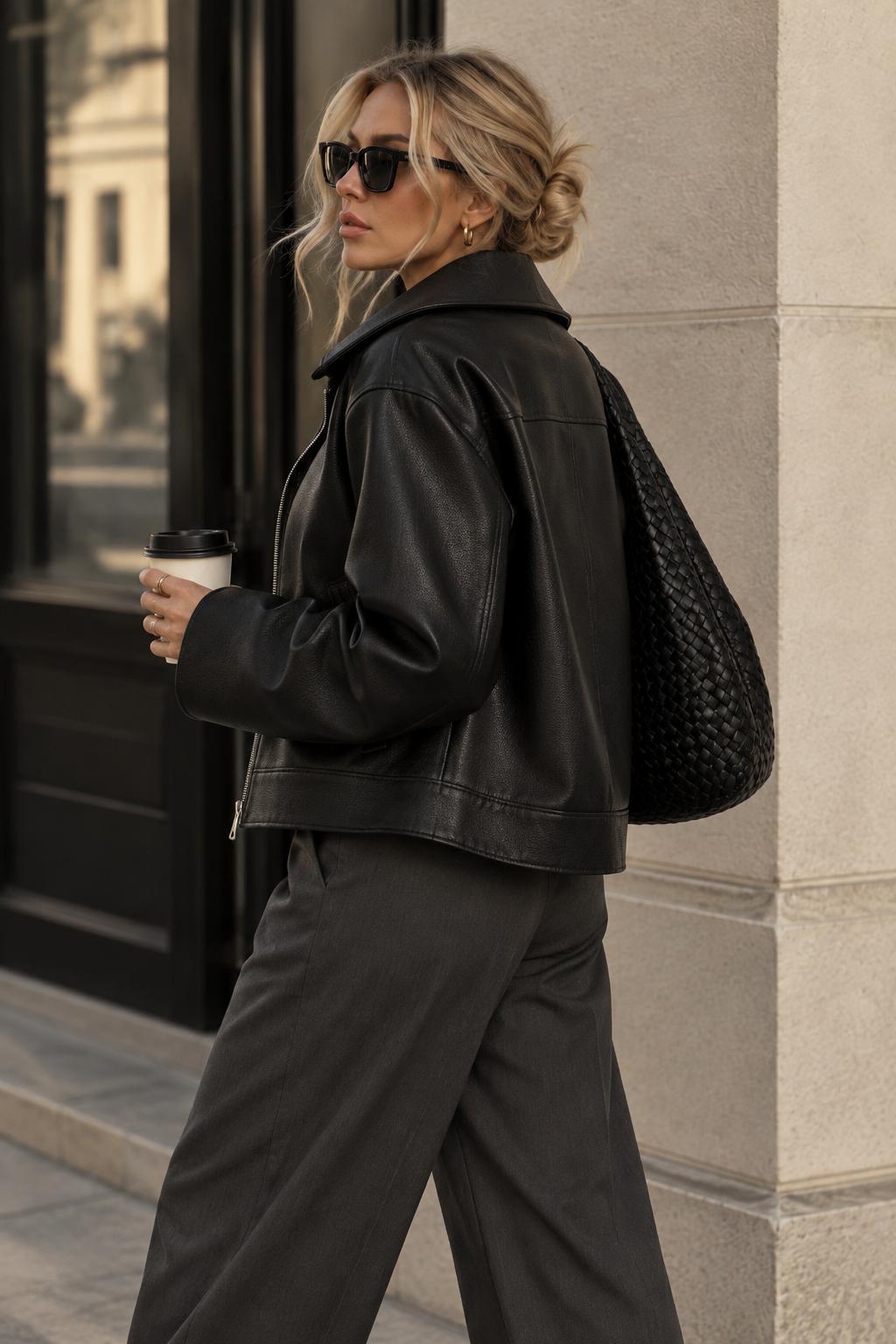 Women's Black Cropped Faux Leather Jacket with Wide Collar