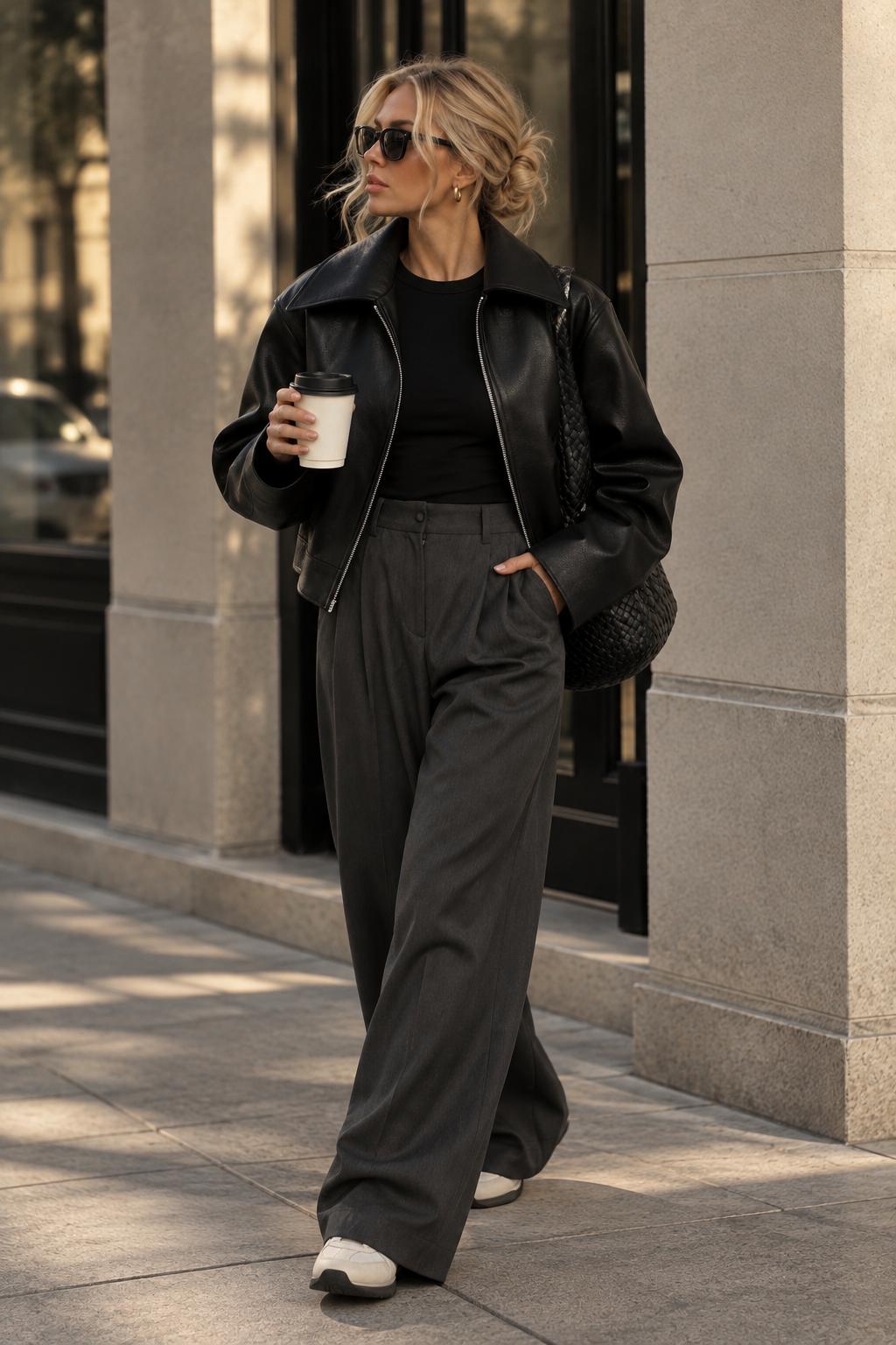 Women's Black Cropped Faux Leather Jacket with Wide Collar