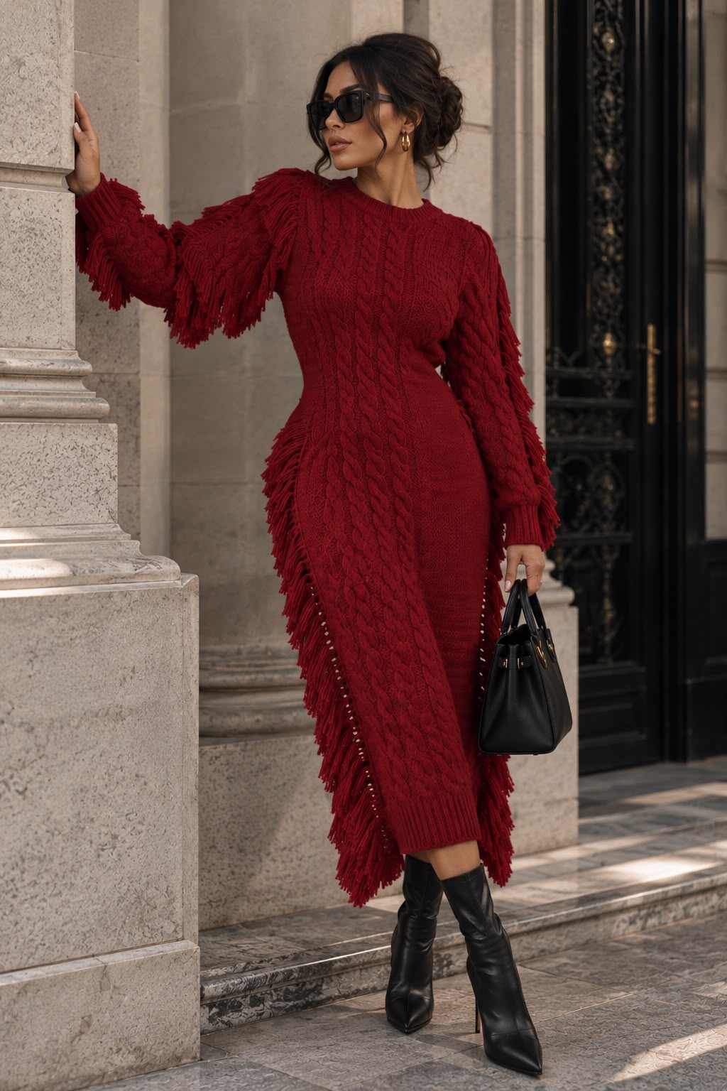 Women's Burgundy Ribbed Midi Sweater Dress