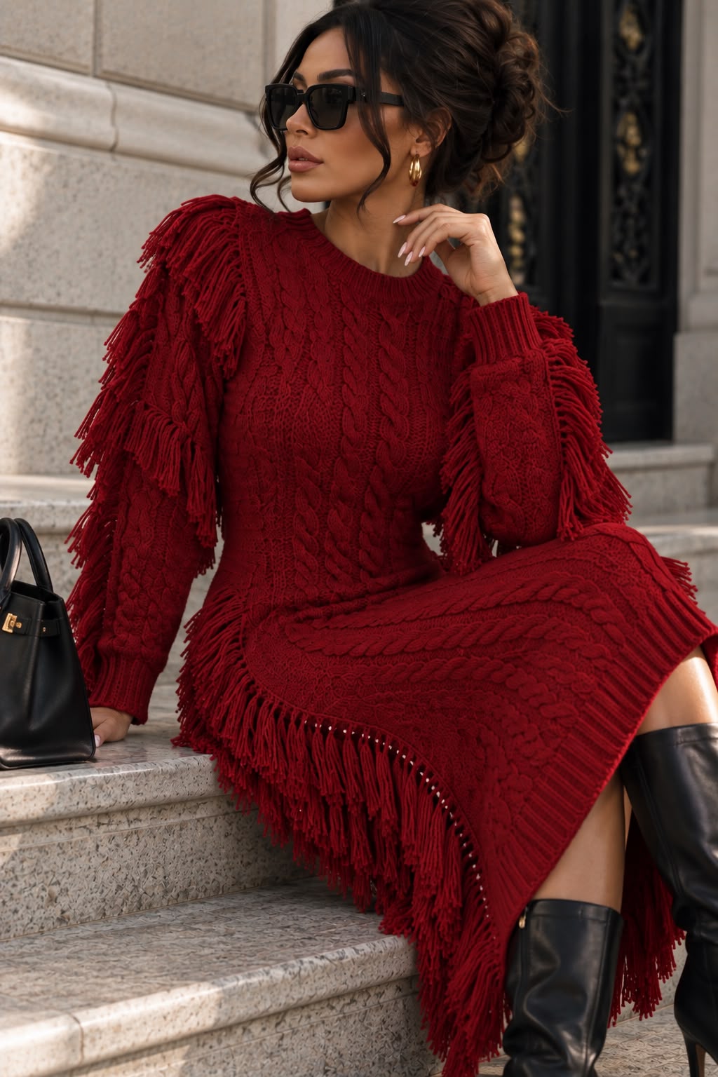 Women's Burgundy Ribbed Midi Sweater Dress
