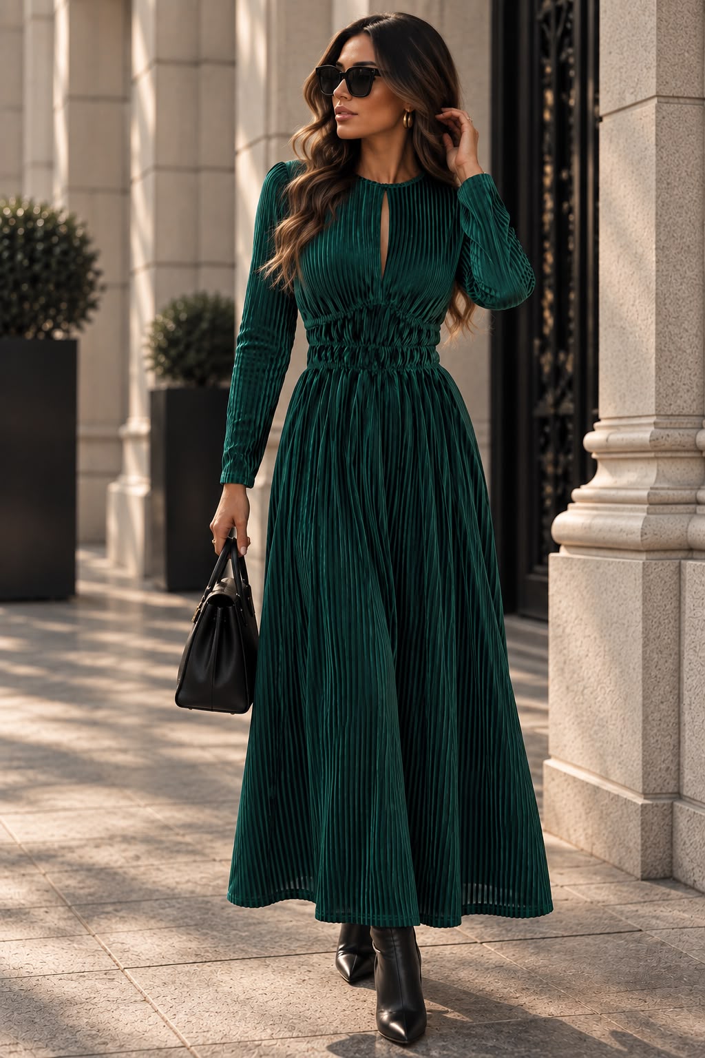 Women's Emerald Green Velvet Midi Dress with Long Sleeves