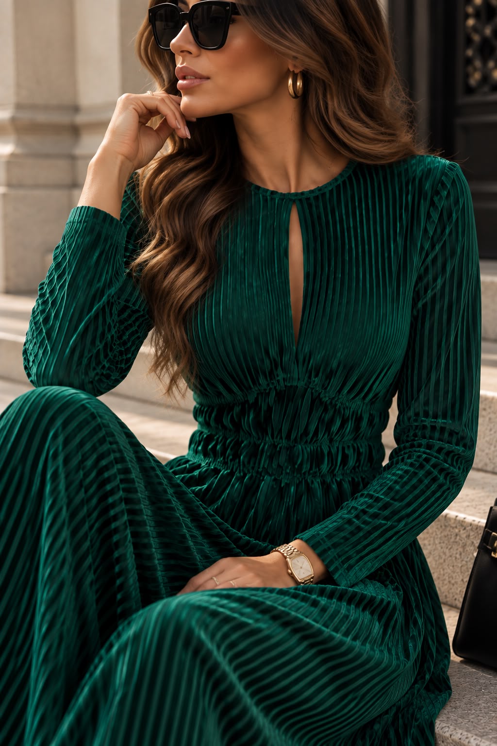 Women's Emerald Green Velvet Midi Dress with Long Sleeves
