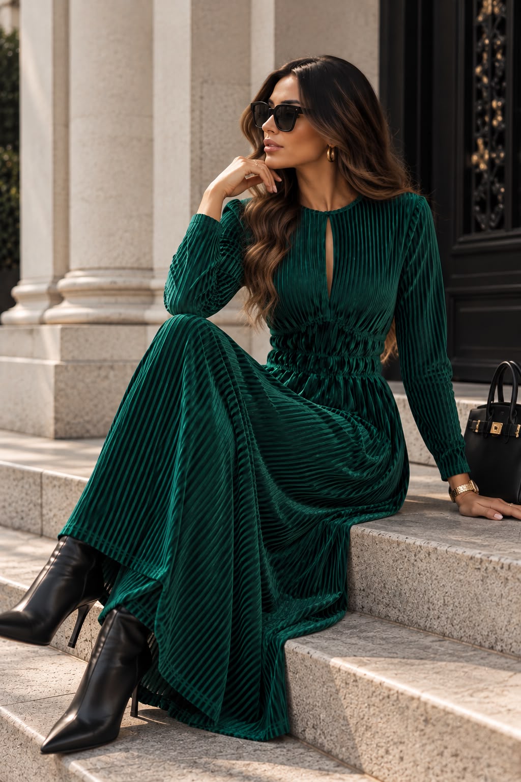 Women's Emerald Green Velvet Midi Dress with Long Sleeves