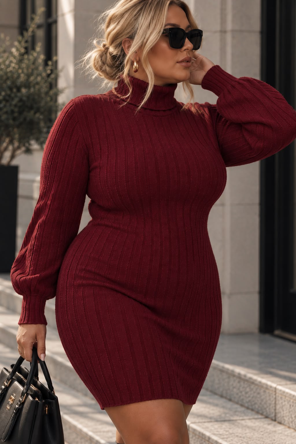 Women's Burgundy Turtleneck Midi Sweater Dress
