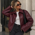 Women's Burgundy Cropped Faux Leather Jacket with Wide Collar