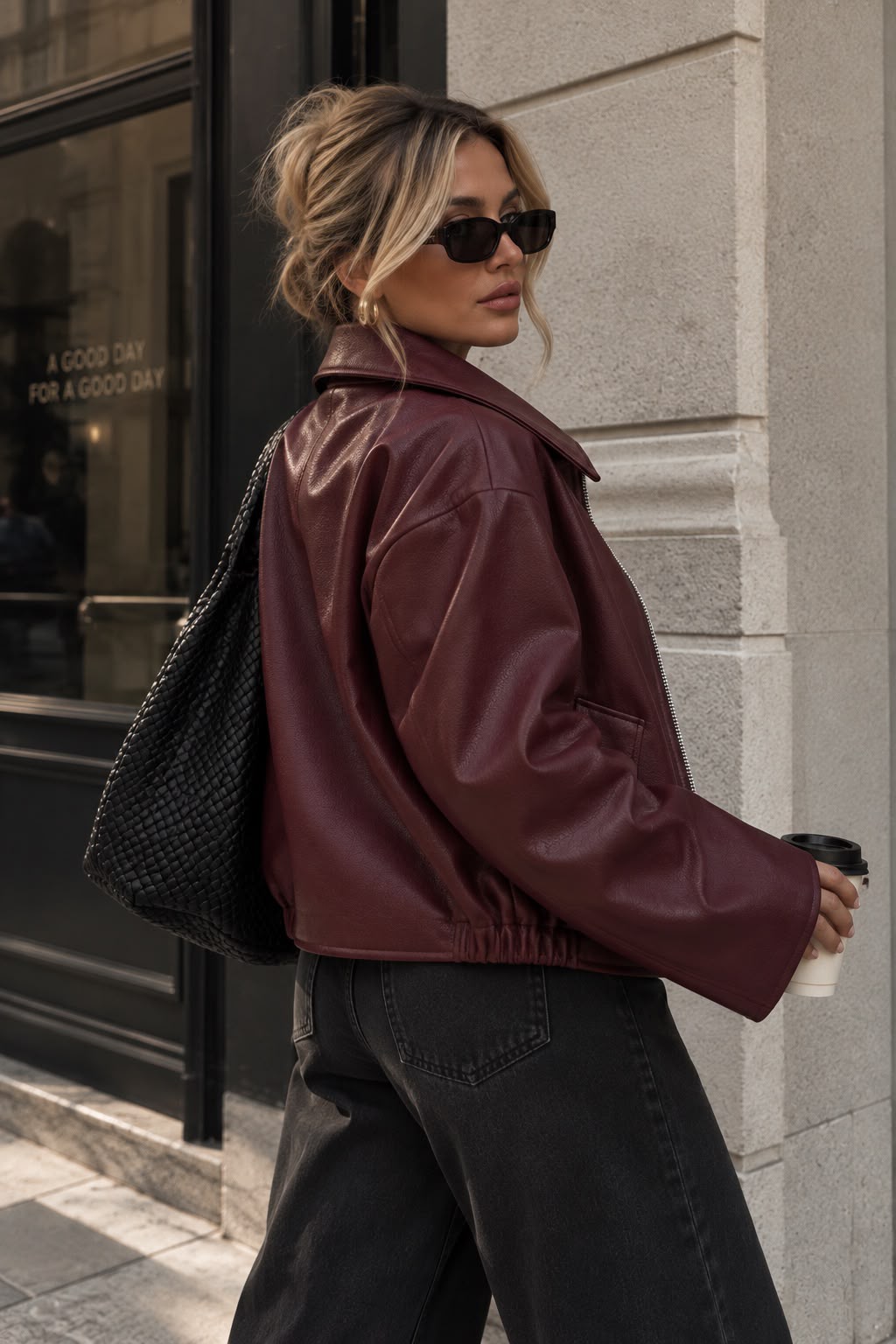 Women's Burgundy Cropped Faux Leather Jacket with Wide Collar