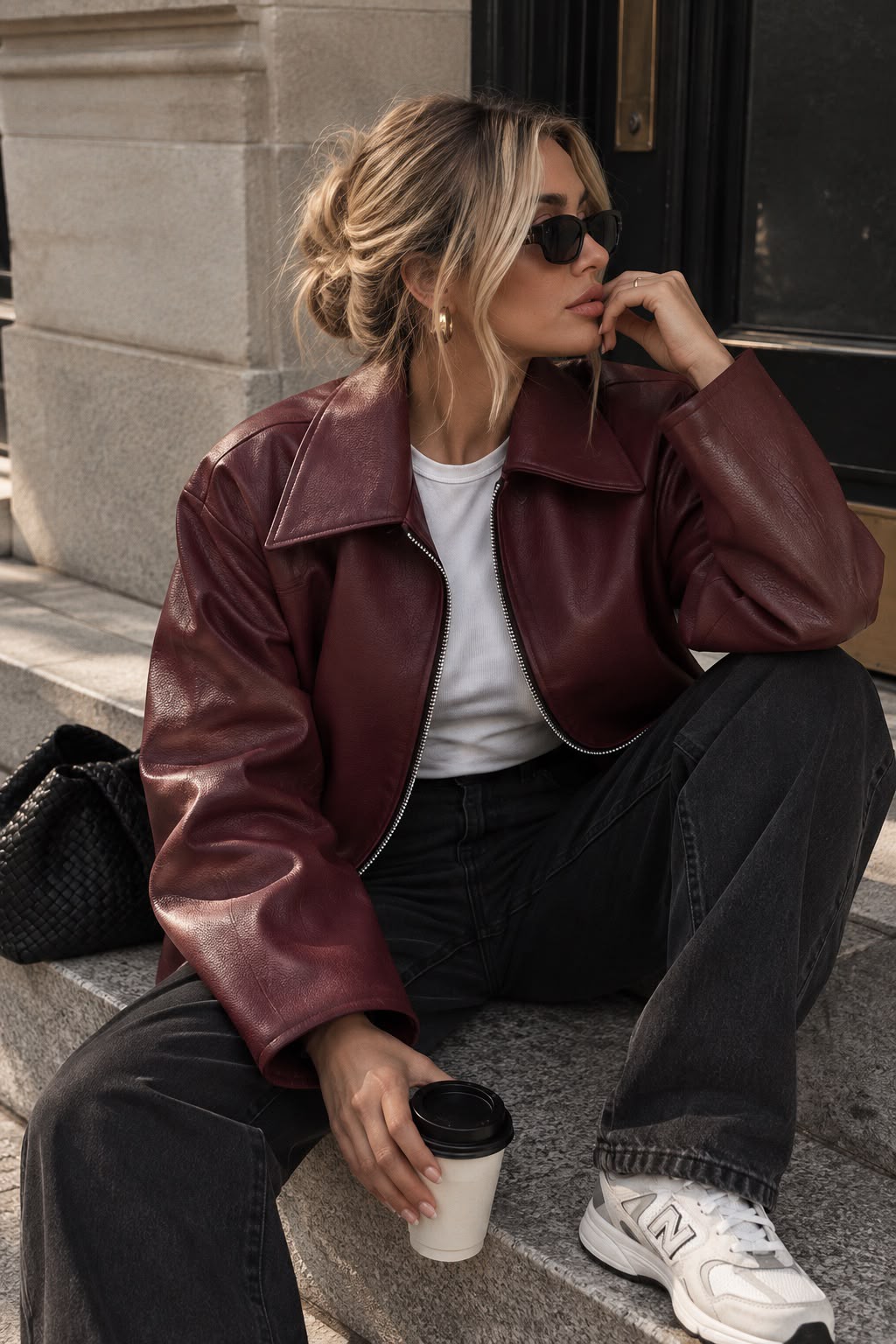 Women's Burgundy Cropped Faux Leather Jacket with Wide Collar