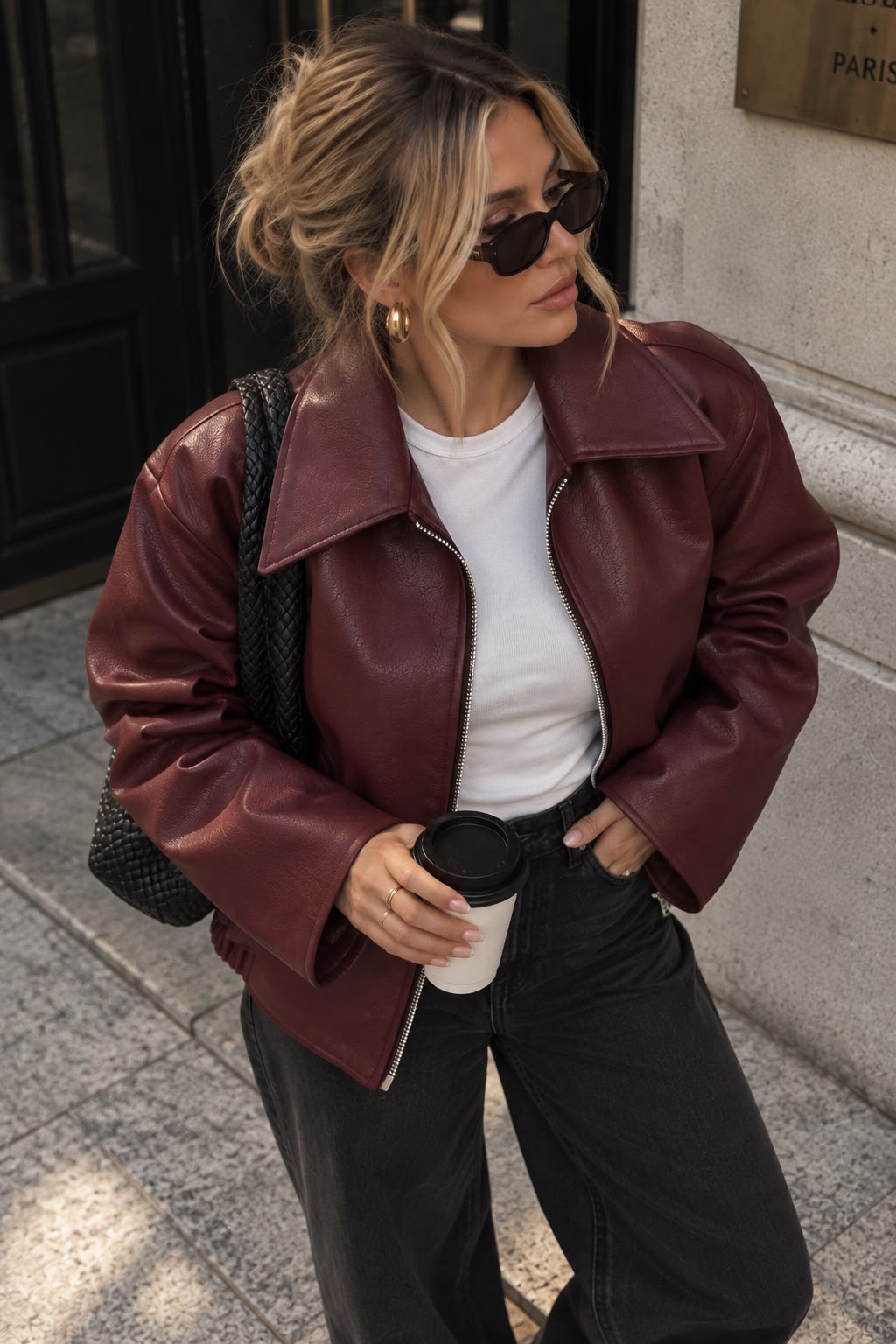Women's Burgundy Cropped Faux Leather Jacket with Wide Collar