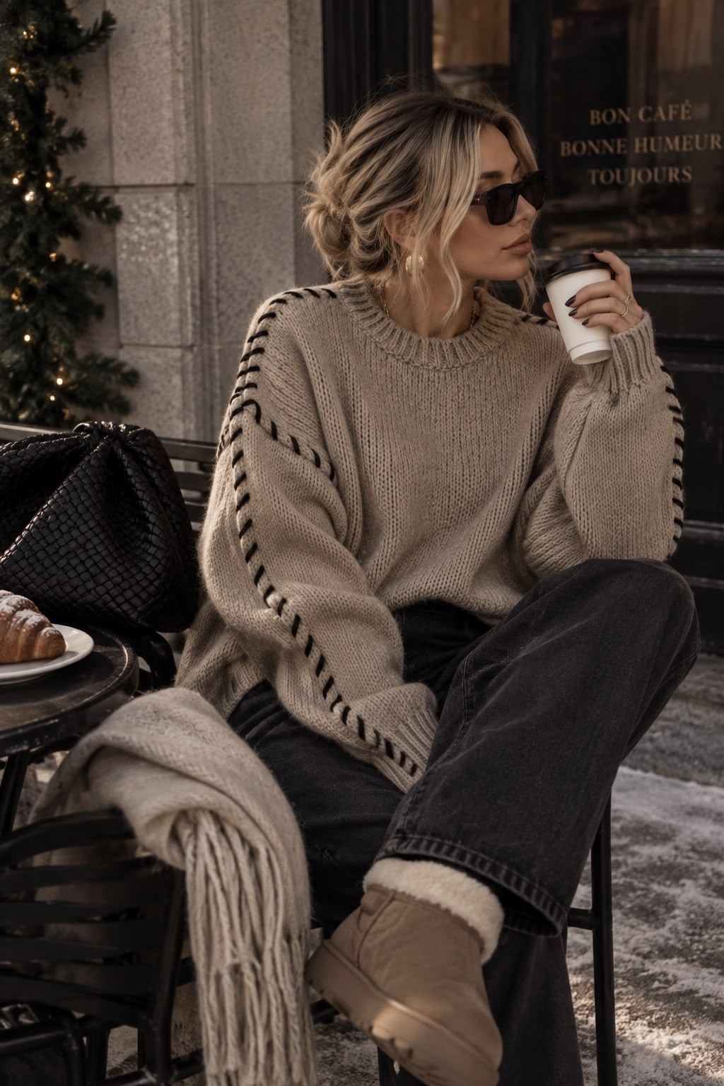 Women's Apricot Drawstring Round-Neck Pullover Sweater