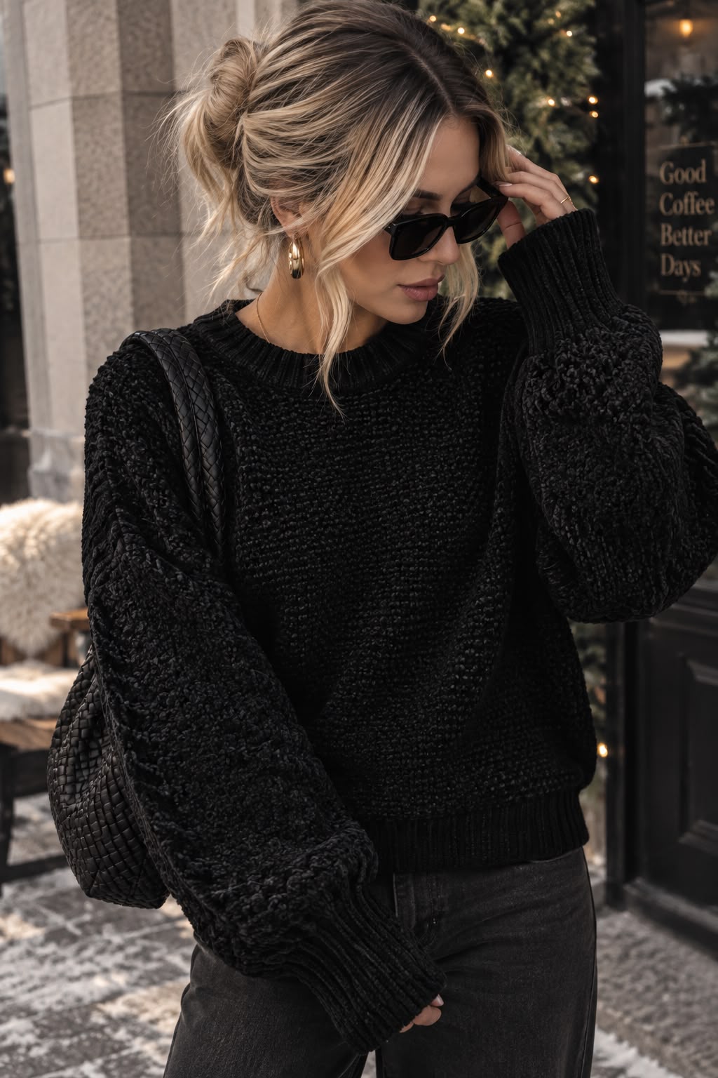 Women's Black Textured Round-Neck Pullover Sweater
