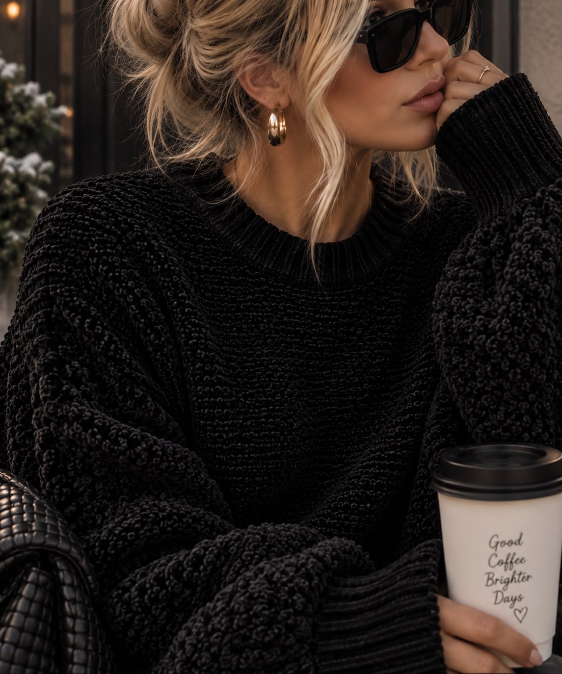 Women's Black Textured Round-Neck Pullover Sweater