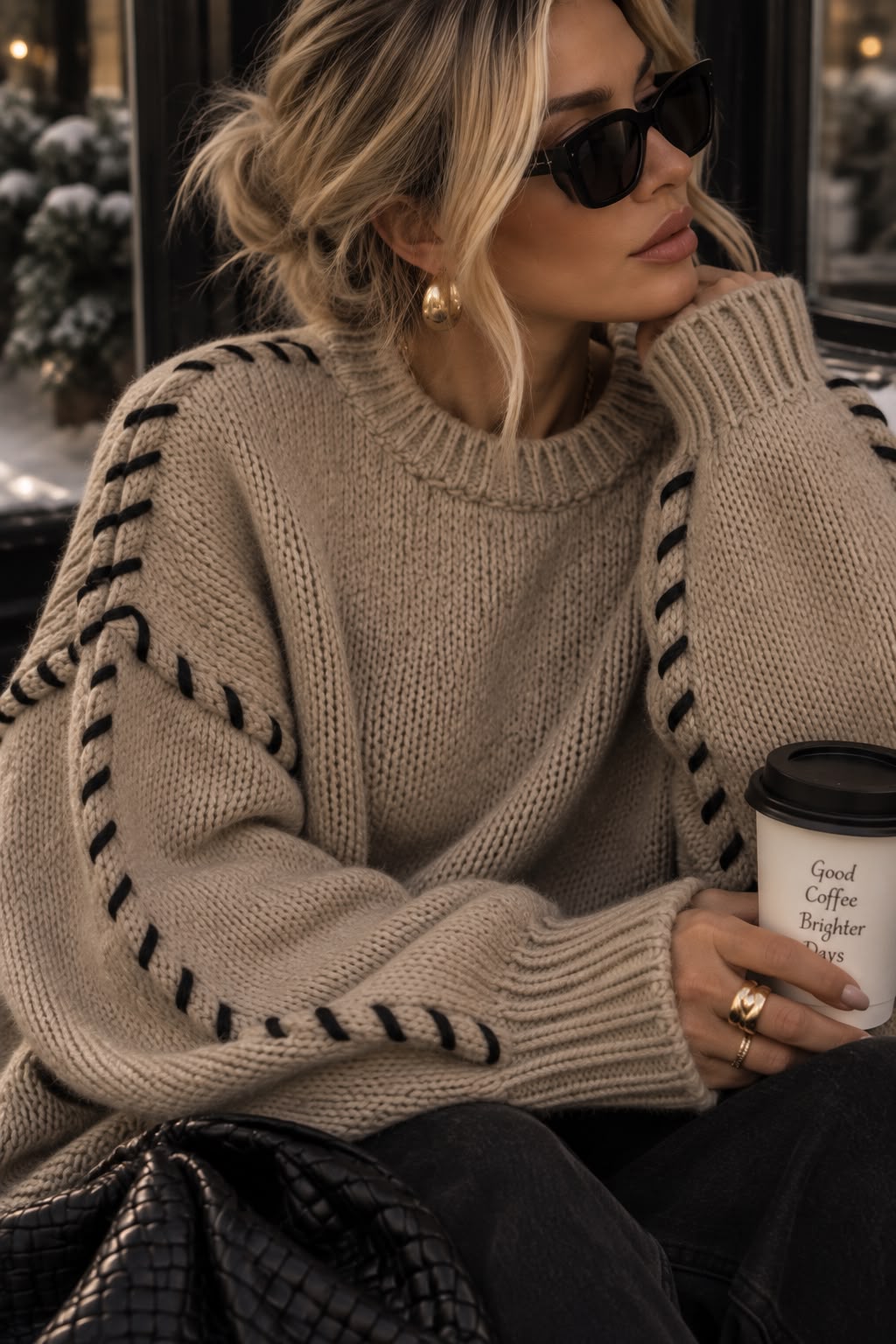 Women's Apricot Drawstring Round-Neck Pullover Sweater