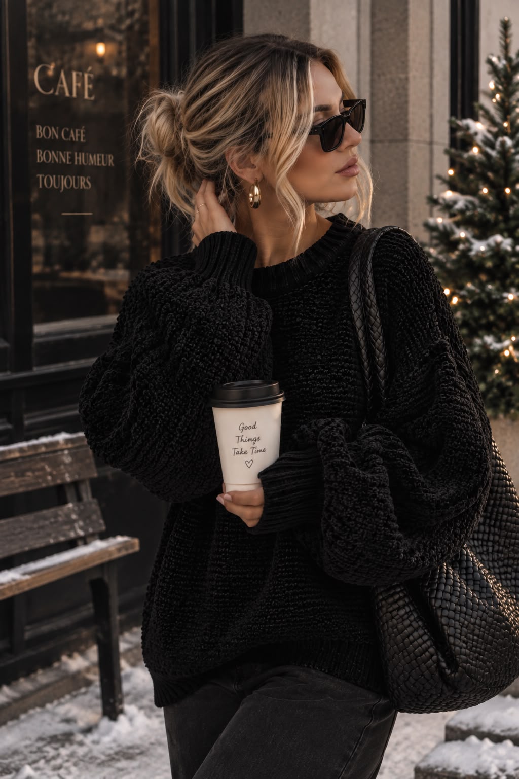 Women's Black Textured Round-Neck Pullover Sweater