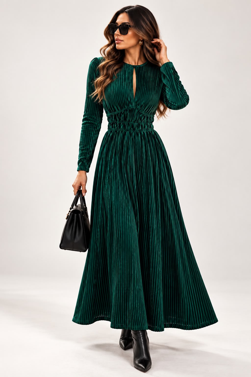 Women's Emerald Green Velvet Midi Dress with Long Sleeves