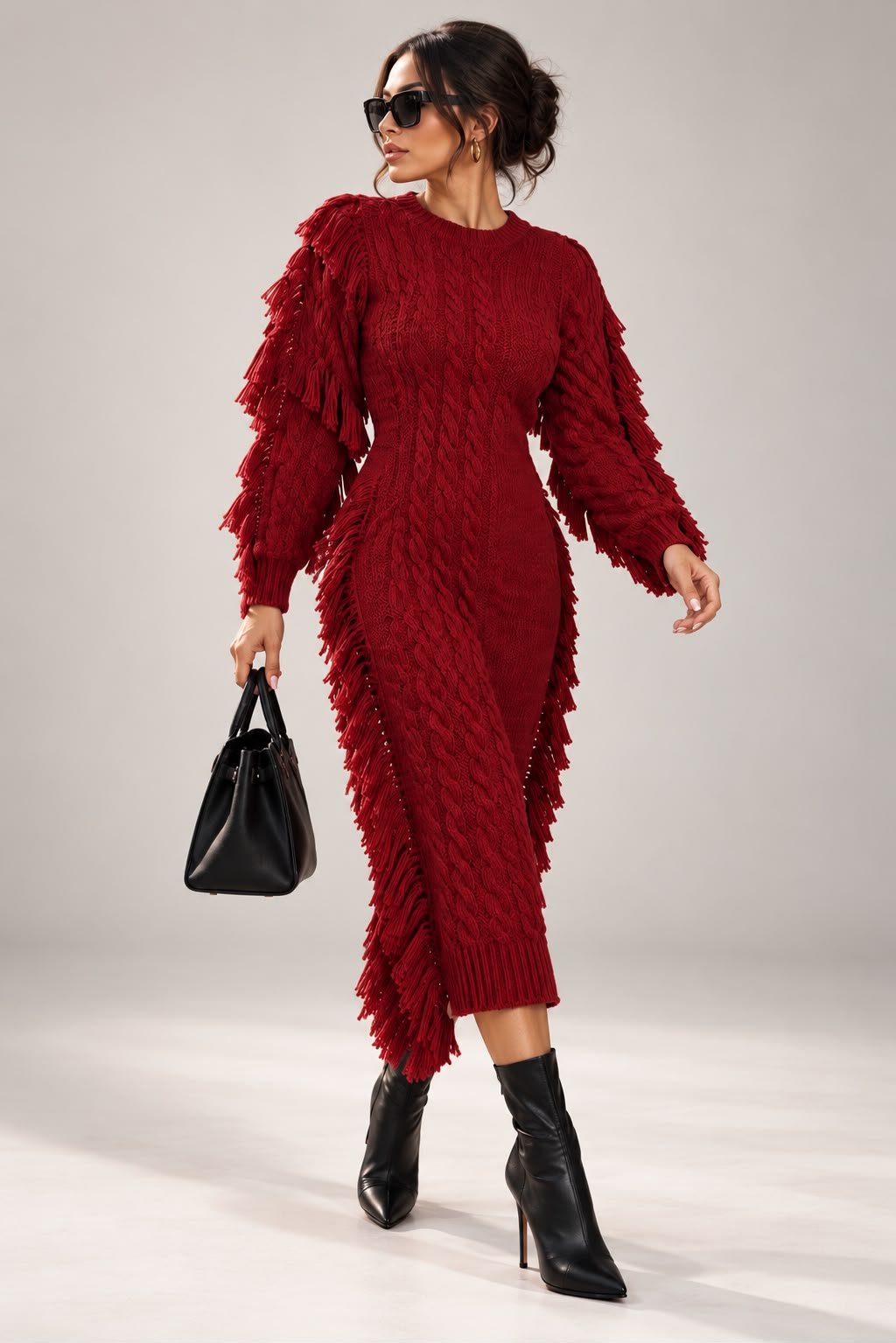 Women's Burgundy Ribbed Midi Sweater Dress